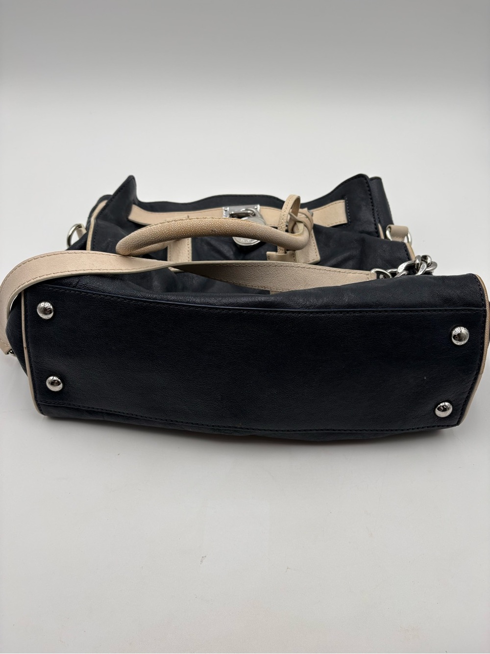 Michael Kors Navy Blue & Beige Leather Shoulder Satchel Handbag Purse - Picture 6 of 15